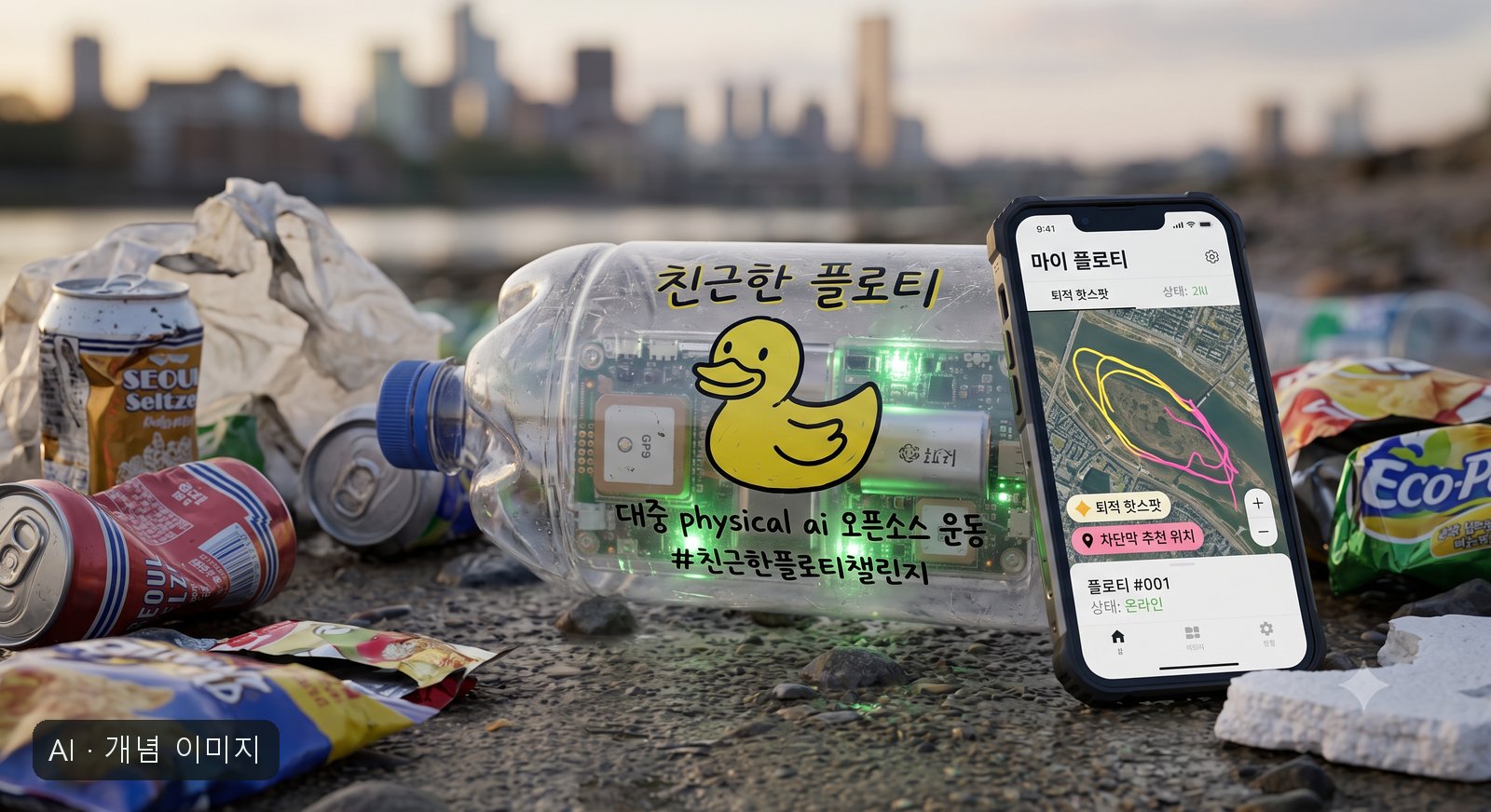 친근한 플로티 드리프터(재활용 페트병+오리 손그림+네온 회로)와 마이 플로티 앱 — AI 생성 개념 이미지