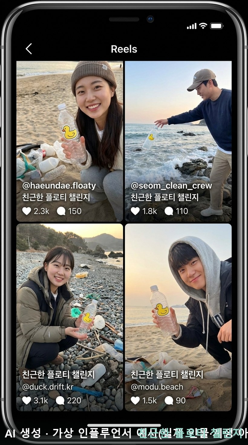 가상의 시민·인플루언서가 해변에서 드리프터를 띄우는 친근한 플로티 챌린지 예시 · AI 생성