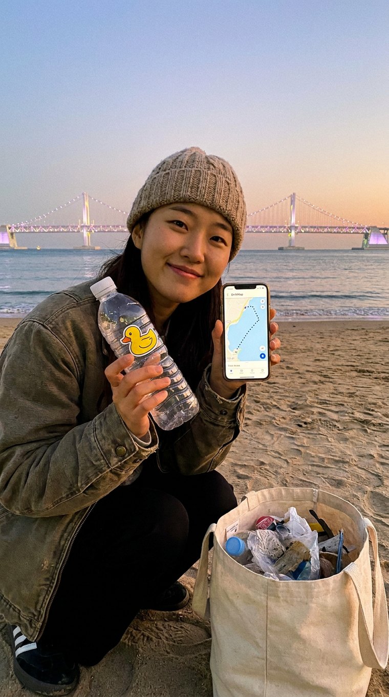광안리 해변에서 청년이 드리프터와 드리프트맵 앱, 수거한 쓰레기와 함께한 참여 예시 · AI 생성 개념