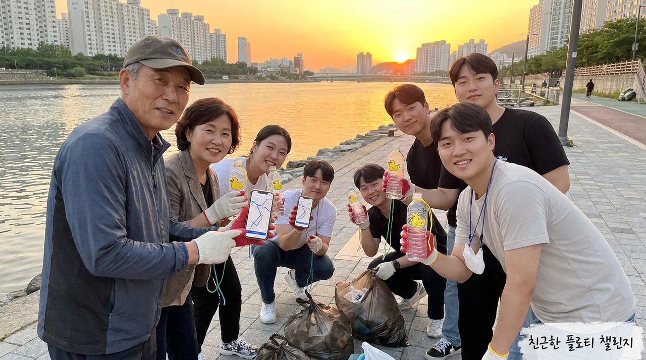 부산 하천변에서 다세대 자원봉사자들이 친근한 플로티 챌린지에 참여하는 예시 · AI 생성 개념