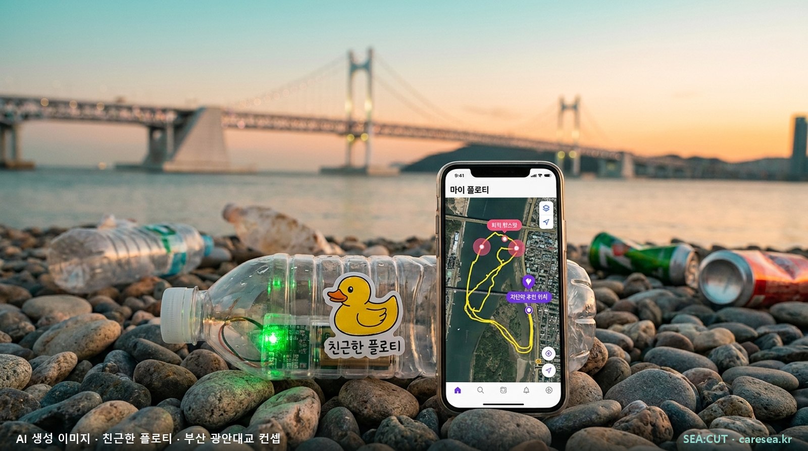 친근한 플로티 GPS 드리프터와 마이 플로티 앱(표류 경로·퇴적 핫스팟·차단막 추천 위치) · AI 생성 개념 이미지