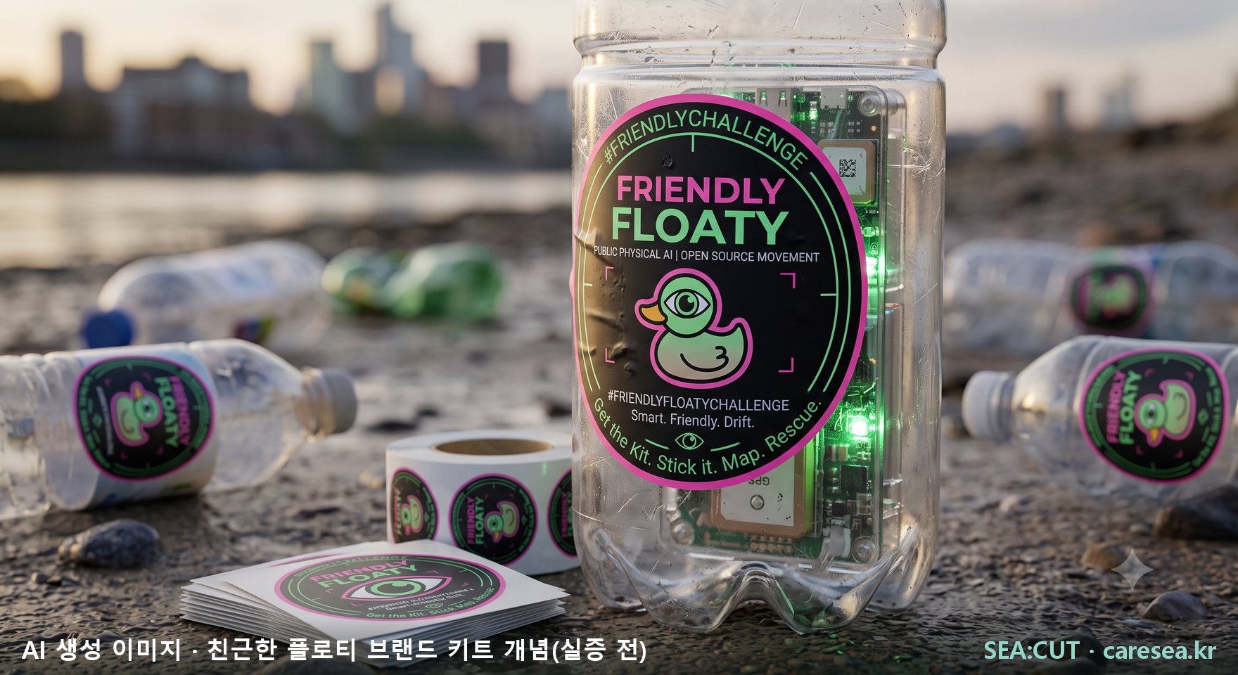 친근한 플로티 드리프터 브랜드 키트(스티커·GPS 기판) · AI 생성 개념 이미지